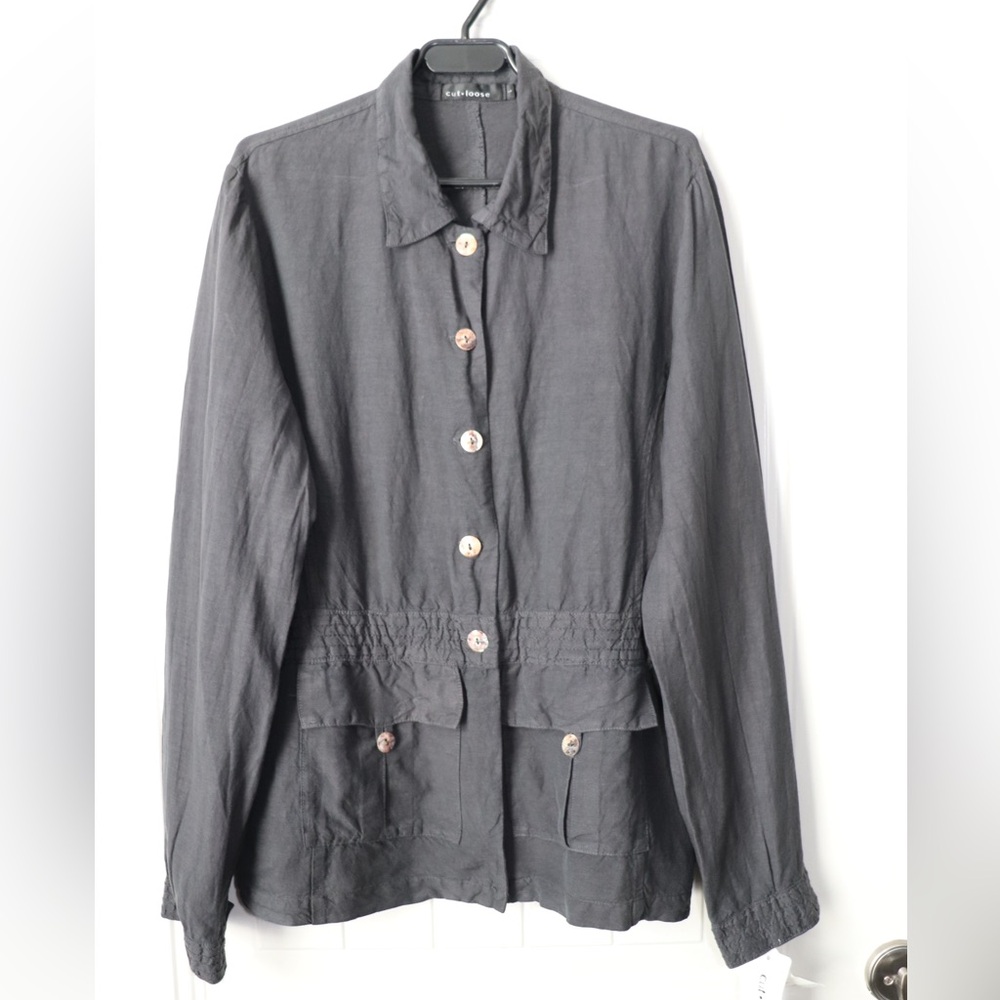 NWT Linen Jacket Cut Loose Women’s Size L Black Smocked Waist Shell Buttons